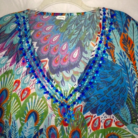 Sheer Colorful Peacock jeweled embellished adjustable Kimono Cover up Sz OS - Picture 3 of 9
